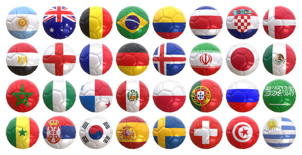 3d rendering of all national teams who play the football world chapionship in Russia 2018 with the flag on a ball