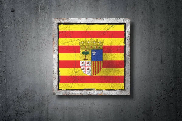 Renderização Uma Bandeira Comunitária Espanhola Aragão Uma Parede Concreto — Fotografia de Stock