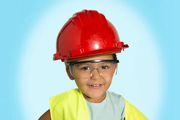 Hermosa Niña Cuatro Años Vestida Como Una Trabajadora Sobre Fondo — Foto de Stock