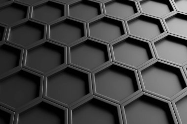 Bir çok siyah altıgen arkaplanının 3d görüntülenmesi