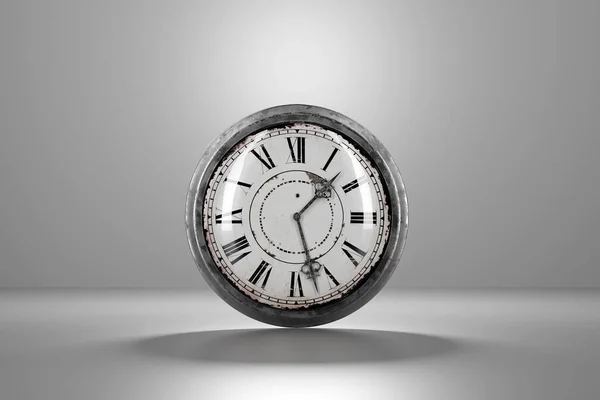 Rendering Old Rusty Analog Clock Grey Background — Stock Photo, Image