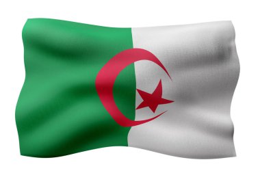 Beyaz arka planda izole edilmiş bir ulusal Cezayir bayrağının 3D canlandırması