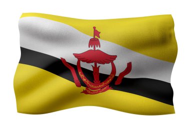 Beyaz arkaplanda izole edilmiş ipek Brunei bayrağının 3D görüntülemesi.