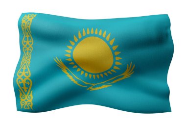Beyaz arkaplanda izole edilmiş ipek bir Kazakistan bayrağının 3D görüntülemesi.