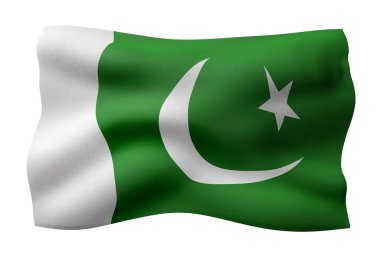 Beyaz arka planda izole edilmiş ipek bir Pakistan bayrağının 3D görüntüsü.