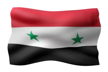 Beyaz arkaplanda izole edilmiş ipek bir Suriye bayrağının 3D canlandırması.