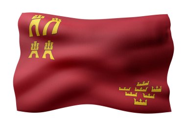 Beyaz arka planda ipekli bir Murcia İspanyol Topluluğu bayrağının 3D canlandırması