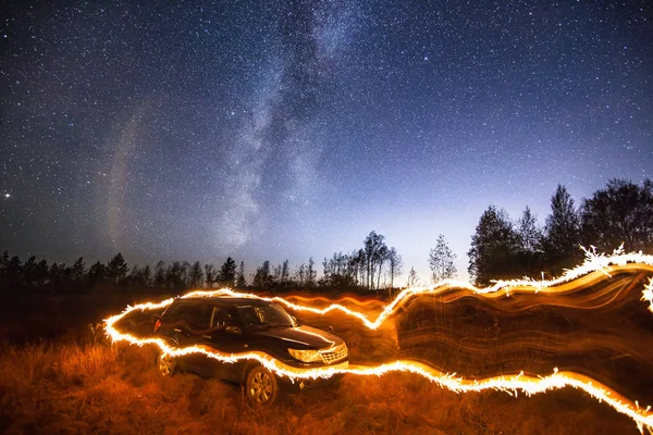 Sibiř Noc Mléčná Dráha Černá Crossover Prskavka — Stock fotografie