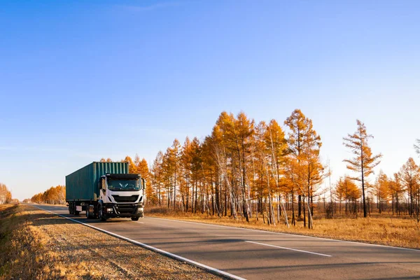 Semi Camion Blanc Avec Conteneur Sur Route Automne — Photo