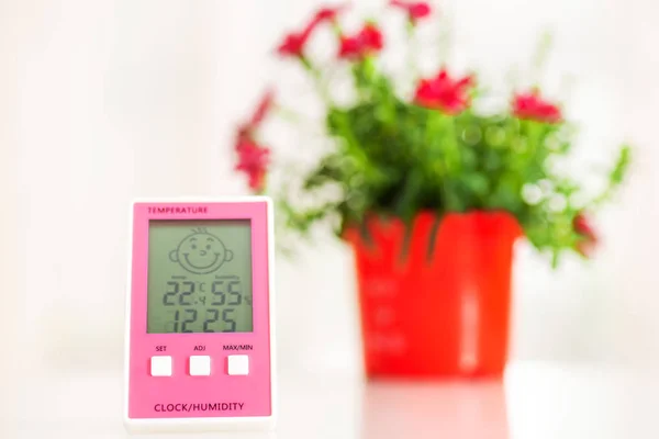 Pink Légnedvességmérő a fehér asztal szegfű a háttérben — Stock Fotó