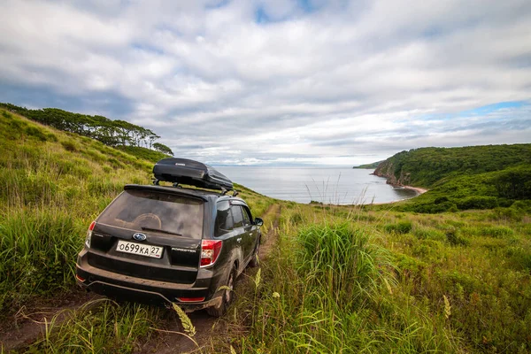 Putyatina Ryssland Juli 2020 Black Subaru Forester Med Takbox Vägen — Stockfoto