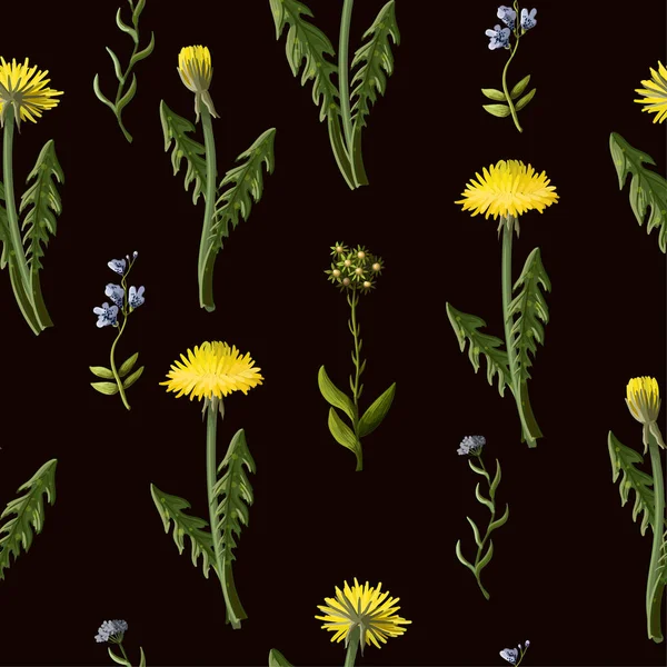 Seamless pattern with dandelion and wild flowers. — Stock Vector