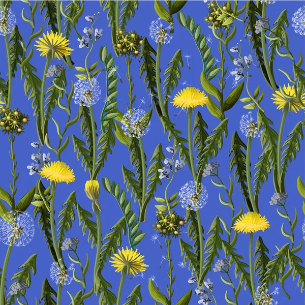 Seamless pattern with dandelion and wild flowers. — Stock Vector