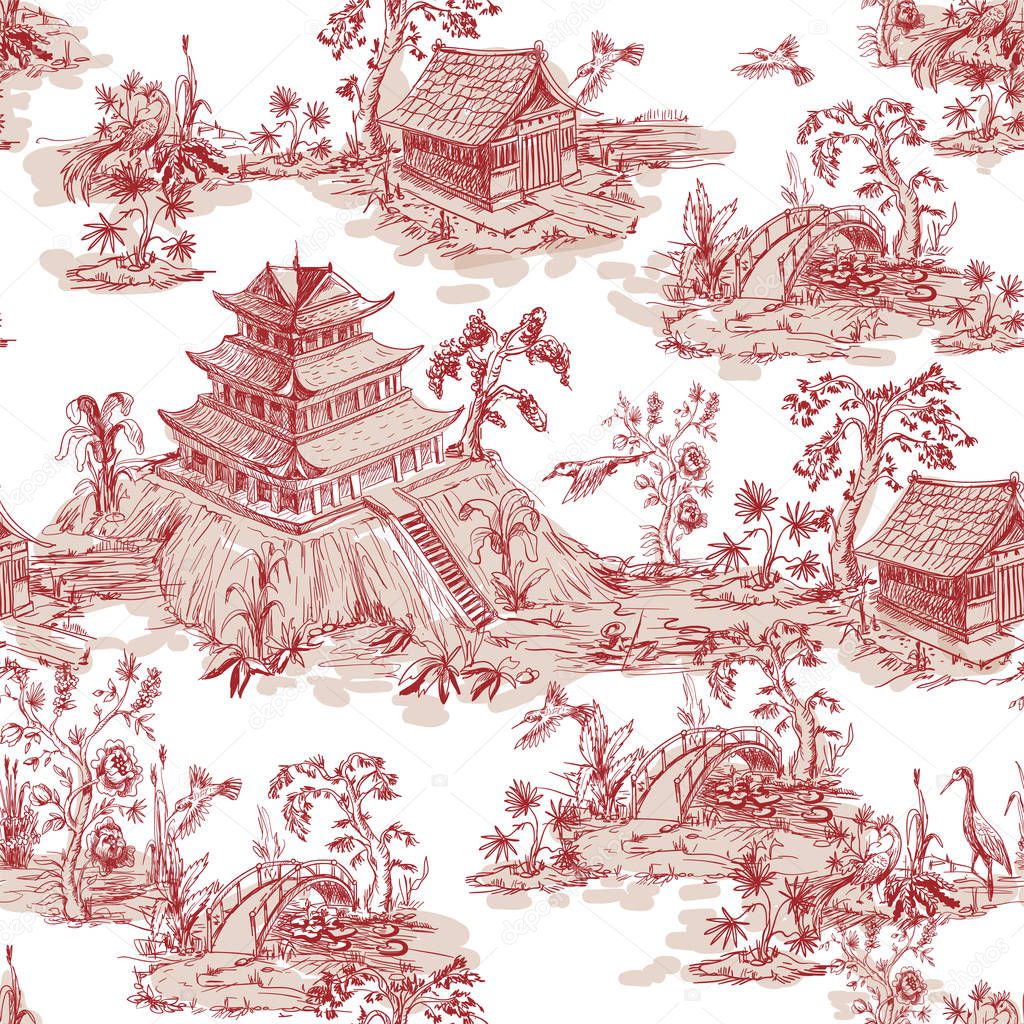 Seamless pattern in chinoiserie style for fabric or interior design.