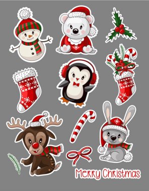 Etiketler Noel giymek sevimli bebek hayvanlar. Vektör.