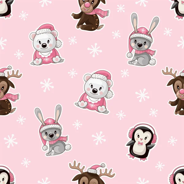 Varrat nélküli mintázat aranyos bébi állatok karácsonyi viselet. Vektor. — Stock Vector