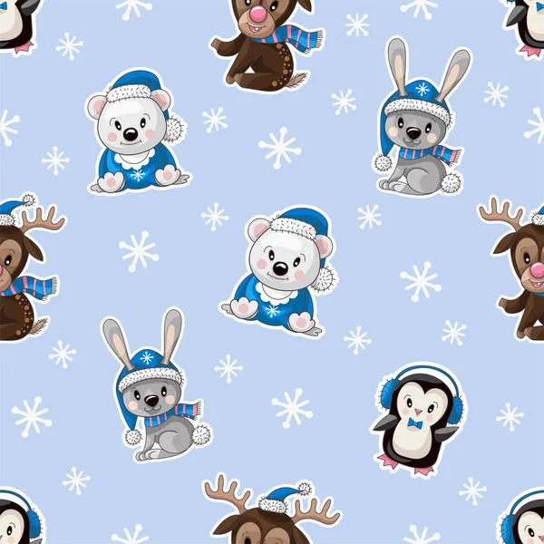 Naadloze patroon met schattige baby dieren op kerst kleding. Vector. — Stockvector