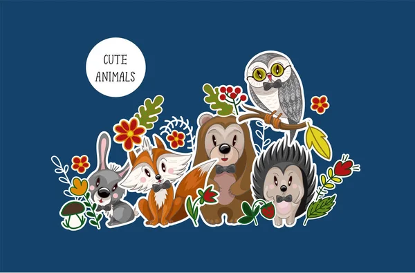 Postal con lindos animales bebé para niños. Vector . — Archivo Imágenes Vectoriales