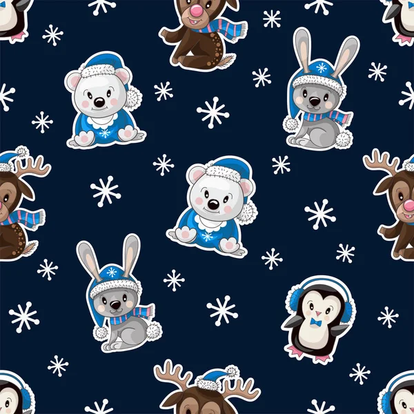 Naadloze patroon met schattige baby dieren op kerst kleding. Vector. — Stockvector