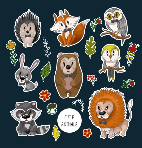 Set cute baby animals and flowers for kids. Bear, raccoon, rabbit, fox and other. — Stock Vector
