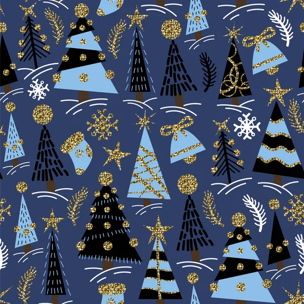 Noel glitter ağaçlar, çan ve çorap ile Dikişsiz desen. Vektör. — Stok Vektör