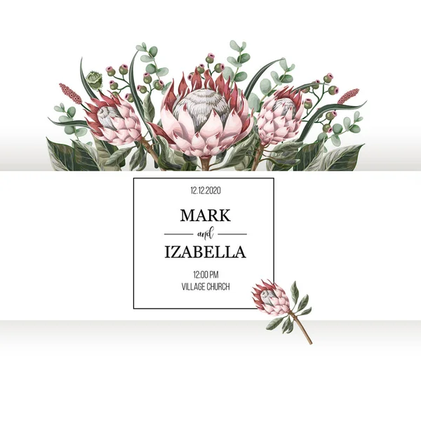 Convite de casamento com folhas, flores de protea, elementos suculentos e dourados em estilo aquarela . — Vetor de Stock