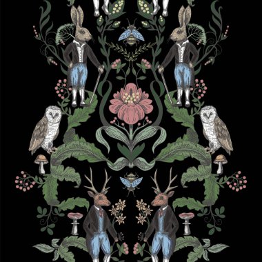Orman hayvanları ve çiçeklerile Fairytale grafik dikişsiz desen.