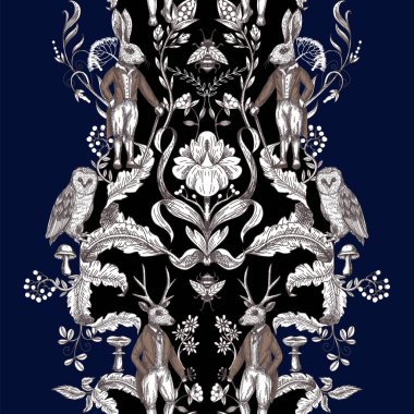Orman hayvanları ve çiçeklerile Fairytale grafik dikişsiz desen.
