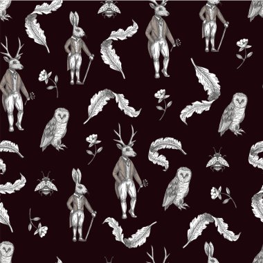 Orman hayvanları ve çiçeklerile Fairytale grafik dikişsiz desen.