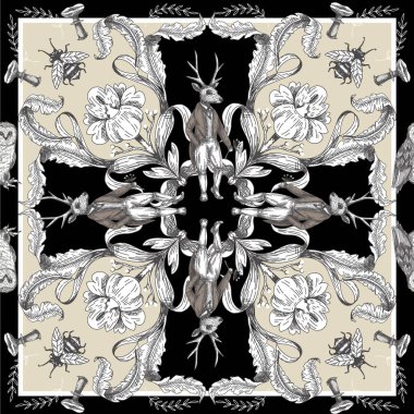 Orman hayvanları ve çiçeklerile Fairytale grafik dikişsiz desen.