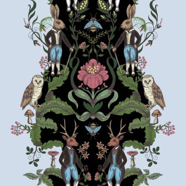 Orman hayvanları ve çiçeklerile Fairytale grafik dikişsiz desen.