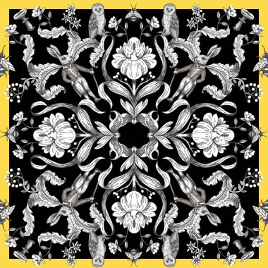 Orman hayvanları ve çiçeklerile Fairytale grafik dikişsiz desen.