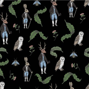 Orman hayvanları ve çiçeklerile Fairytale grafik dikişsiz desen.
