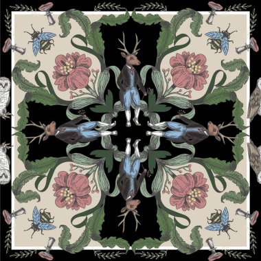 Orman hayvanları ve çiçeklerile Fairytale grafik dikişsiz desen.