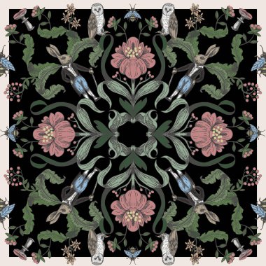 Orman hayvanları ve çiçeklerile Fairytale grafik dikişsiz desen.