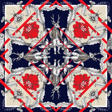 Orman hayvanları ve çiçeklerile Fairytale grafik dikişsiz desen.