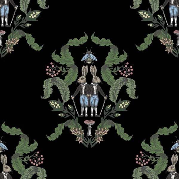 Sago grafiskt sömlöst mönster med skogsdjur och blommor. — Stock vektor