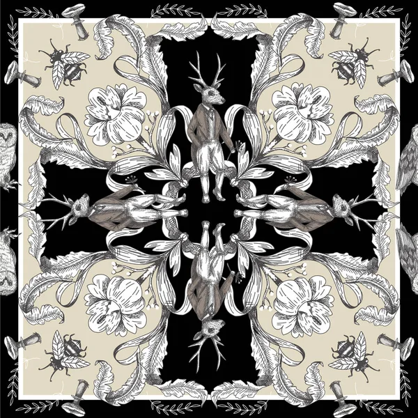 Orman hayvanları ve çiçeklerile Fairytale grafik dikişsiz desen.