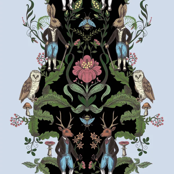 Orman hayvanları ve çiçeklerile Fairytale grafik dikişsiz desen.