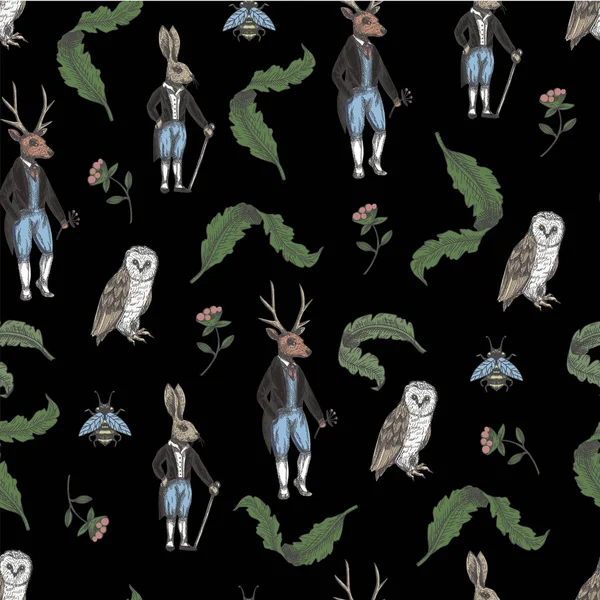 Orman hayvanları ve çiçeklerile Fairytale grafik dikişsiz desen.