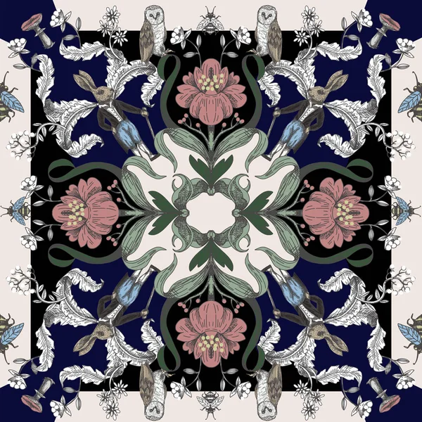 Orman hayvanları ve çiçeklerile Fairytale grafik dikişsiz desen.