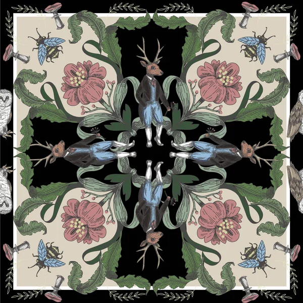 Orman hayvanları ve çiçeklerile Fairytale grafik dikişsiz desen.