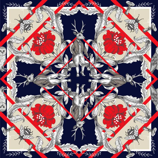 Orman hayvanları ve çiçeklerile Fairytale grafik dikişsiz desen.