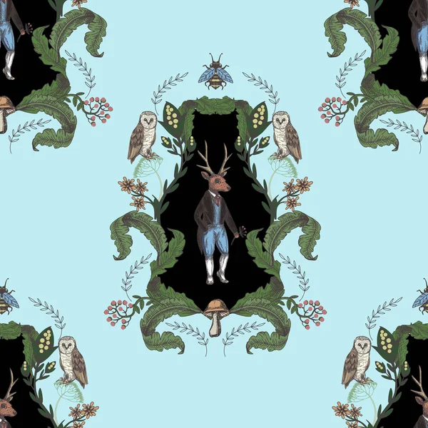 Orman hayvanları ve çiçeklerile Fairytale grafik dikişsiz desen.