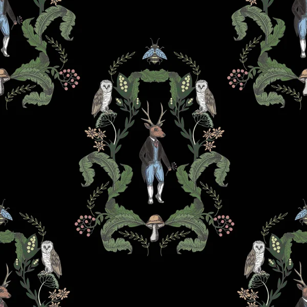Fairytale graficzny bezszwowy wzór z leśnymi zwierzętami i kwiatami. — Wektor stockowy