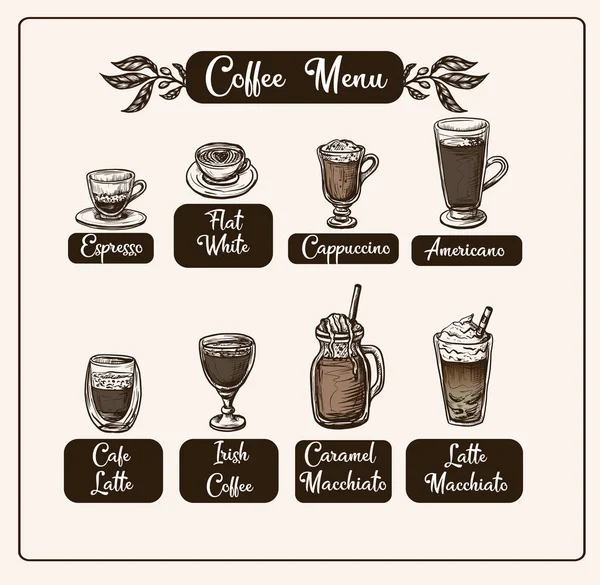 Menu de café com bebidas diferentes. Vetor . — Vetor de Stock