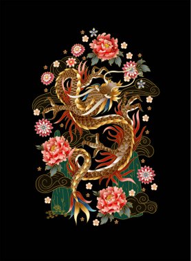 Çin geleneksel ejderha, şakayık ve sakura. Vektör.