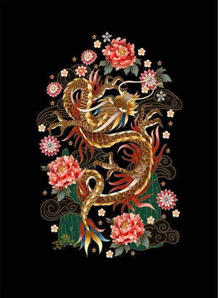 Çin geleneksel ejderha, şakayık ve sakura. Vektör.