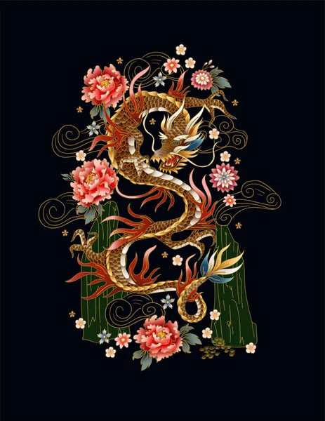 Çin geleneksel ejderha, şakayık ve sakura. Vektör.