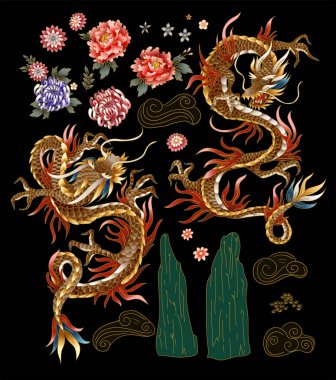 Çin geleneksel ejderha, şakayık ve sakura seti. Vektör.